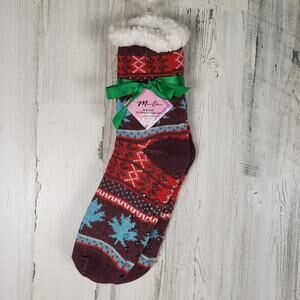 NWT Sherpa Lined Knit Winter Snowflake Leaf Design No-Slip Slipper Socks
